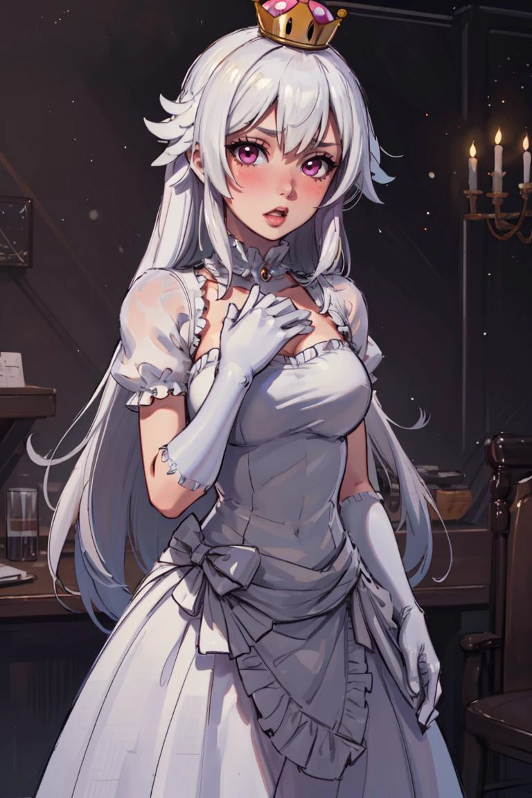 ((masterpiece,best quality)), absurdres,
<lora:Boosette_Mario_Anime:0.9>, Boosette_Mario, 1girl, long hair, white hair, long white dress, ballroom dress, white gloves,
solo, :o, blushing, looking at viewer, cowboy shot,
cinematic composition,
