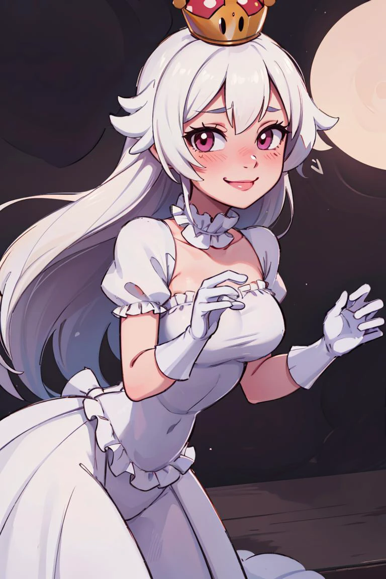 ((masterpiece,best quality)), absurdres,
<lora:Boosette_Mario_Anime:0.9>, Boosette_Mario, 1girl, long hair, white hair, long white dress, ballroom dress, white gloves,
solo, smiling, blushing, looking at viewer, cowboy shot,
cinematic composition,