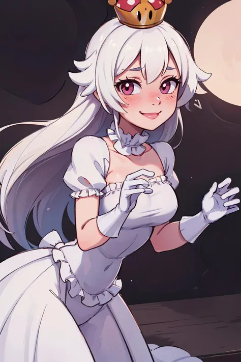 ((masterpiece,best quality)), absurdres,
<lora:Boosette_Mario_Anime:0.9>, Boosette_Mario, 1girl, long hair, white hair, long white dress, ballroom dress, white gloves, 
solo, smiling, blushing, looking at viewer, cowboy shot, 
cinematic composition,