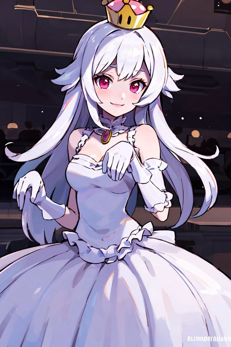 <lora:Sugimori_Ken_Style_v1:0.8>, ((masterpiece,best quality)), absurdres, <lora:Boosette_Mario_Anime:0.9>, Boosette_Mario, 1girl, long hair, white hair, long white dress, ballroom dress, white gloves, solo, smiling, blushing, looking at viewer, cowboy shot, cinematic composition,