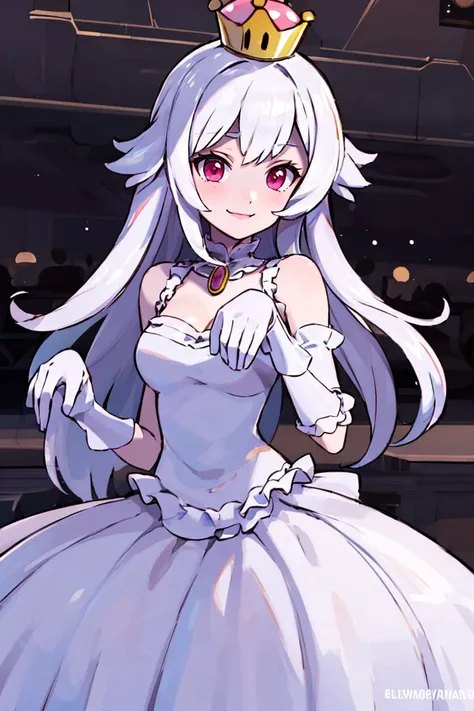 <lora:Sugimori_Ken_Style_v1:0.8>, ((masterpiece,best quality)), absurdres, <lora:Boosette_Mario_Anime:0.9>, Boosette_Mario, 1girl, long hair, white hair, long white dress, ballroom dress, white gloves,  solo, smiling, blushing, looking at viewer, cowboy shot,  cinematic composition,