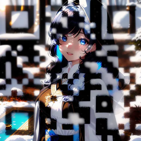 high quality, highres, illustration, ((far from above, wide shot)), (snowy forest), cinematic lighting, ray tracing, (1girl, solo), (beautiful detailed face, beautiful detailed eyes), smile, white and black hair, long hair, hair over one eye, (black robe, black cape), indigo eyes, medium breasts, (high contrast), (colorful), crossed legs, standing, (depth of field background:1.4), chessboard pattern,