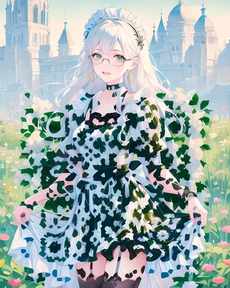 (((masterpiece))),(((best quality))),((ultra-detailed)),Hyper Real,Photorealistic,8K,high detail,high resolution,HDR,UHD,1girl,white long hair,wavy hair,green eyes,serene expression,sexy posing,looking at viewer,maid_headdress,print_dress,skirt_hold,hoop_earrings,coke-bottle_glasses,black_choker,;d,cowboy_shot,blurry background,garden,lace-trimmed_legwear,