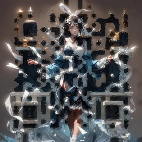 (dark background:1.5),(black background:1.3),(pure black:1.1),(ribbon:1.5),(lace:1.3),(grey long hair:1.3),(white lace:1.6),(white ribbon:1.6),(1 girl:1.6),full body,for the audience,print kimono,ultra wide shot,(azure blue dress:1.3),japanese clothes,kimono,bangs,earrings,jewelry,long sleeves,blue eyes,rope,hair ornament,tassel,flower,standing,wide sleeves,sash,choker,floral print,parted lips,<lora:splashes_v.1.1:0.6>, <lora:animetarotV51:0.4>