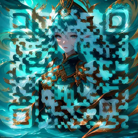 1 girl,russian teenage,jade eyes,solo,upper body,looking at viewer,detailed background,detailed face,elemental water wizard,swirling water, controlling the water,fantasy sorcerer clothes,dynamic pose,floating particles,ethereal dynamic,water,vapor,ocean in background