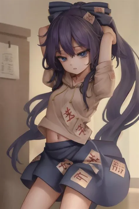 masterpiece, best quality, (((1girl))), solo, solo focus, (((yorigami shion))), dark blue hair, very long hair, blue eyes, hair bow, grey hoodie, short sleeves, blue skirt, petite, skinny, flat chest, <lora:shionYorigami_charShion:1>, <lora:as109Style_v2:1>, arms up, indoors,