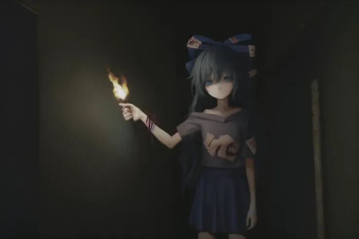 masterpiece, best quality, (((1girl))), solo, solo focus, (((yorigami shion))), dark blue hair, very long hair, blue eyes, hair bow, grey hoodie, short sleeves, blue skirt, petite, skinny, flat chest, <lora:shionYorigami_charShion:1>, <lora:death2HorrorLocon_v10:0.8>, 1other, monster, dark, indoors, horror \(theme\), holding torch, scared,