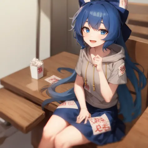 1girl, solo, yorigami shion, blue hair, very long hair, blue eyes, hair bow, grey hoodie, short sleeves, blue skirt, sitting, looking at viewer, across table pov, restaurant, smile, open mouth <lora:char-shion:1>