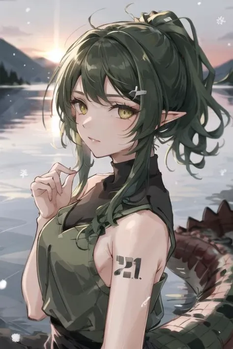 1girl,yellow eyes, green eyeshadow,gavial,stylish ponytail ,black hair ornament, bare shoulders,green hair,snowing,sunset,lake