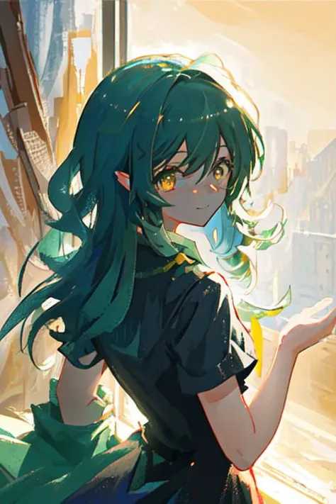 masterpiece, best quality, ultra-detailed, illustration,(1girl),beautiful detailed eyes, looking at viewer, close up, green hair, shy,yellow eyes, backlighting, outdoors, smile,bedroom