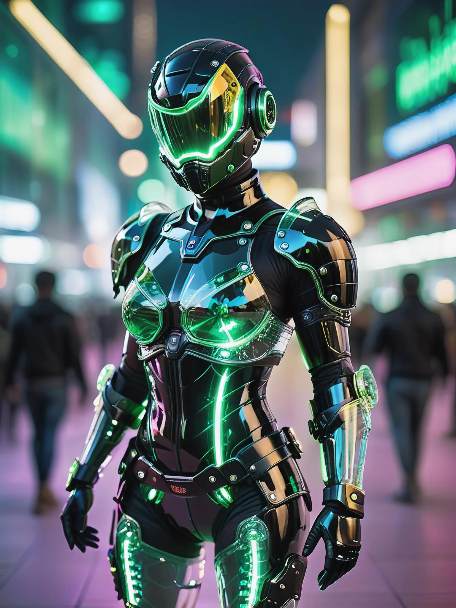 cinematic photo breathtaking Masterpiece, maximum fidelity, ultra high detail, ultra HD, Panavision Millennium DXL2 8k photograph of a ((erotic non-nude neonpunk transparent glass combat armor led lit, green black yellow)), transparent, led lit, glass bra <lora:Glass:0.8>, cyberpunk neonpunk, <lora:breastsizeslideroffset:-0.8> <lora:age_slider_v6:-1.8> <lora:AdvancedEnhancerXLv2:1> <lora:PeachFuzz:0.7> <lora:f412glass_base_c:0.7> <lora:GlassDevice:0.8> . 35mm photograph, film, bokeh, professional, 4k, highly detailed