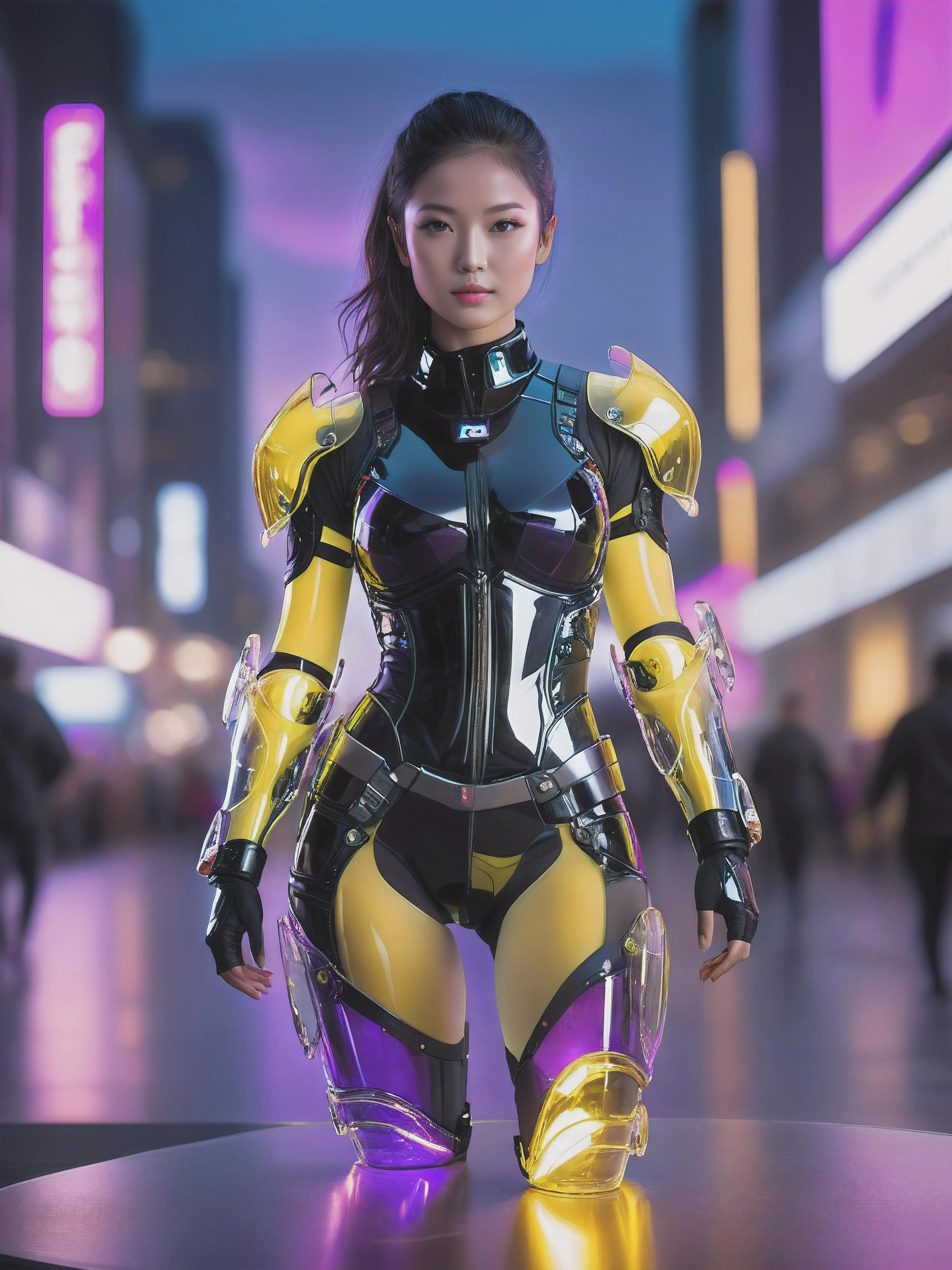 long shot scenic professional photograph of cinematic photo breathtaking Masterpiece, maximum fidelity, ultra high detail, ultra HD, Panavision Millennium DXL2 8k photograph of a (erotic neonpunk transparent glass combat armor led lit, purple black yellow), transparent, led lit, glass bra <lora:Glass:0.8>, cyberpunk neonpunk, <lora:breastsizeslideroffset:-0.8> <lora:age_slider_v6:-1.8> <lora:AdvancedEnhancerXLv2:0.8> <lora:PeachFuzz:0.7> <lora:f412glass_base_c:0.6> <lora:GlassDevice:0.7> . 35mm photograph, film, bokeh, professional, 4k, highly detailed, ((award winning,full body photo of person,)), (8k, RAW photo, best quality, ultra high res, photorealistic, masterpiece, ultra-detailed, Unreal Engine),highres, masterpiece , Photo, (sharp focus:1.2), (realistic:1.3),(photorealistic:1.3),ultra-detailed, (high detailed skin:1.2), 8k uhd, dslr, soft lighting, high quality, Fujifilm XT3, best quality, beautiful lighting,cinematic lighting , depth of field. 4K, HDR. by (Jeremy Lipking:1.1), perfect viewpoint, highly detailed, wide-angle lens, hyper realistic, with dramatic sky, polarizing filter, natural lighting, vivid colors, everything in sharp focus, HDR, UHD, 64K