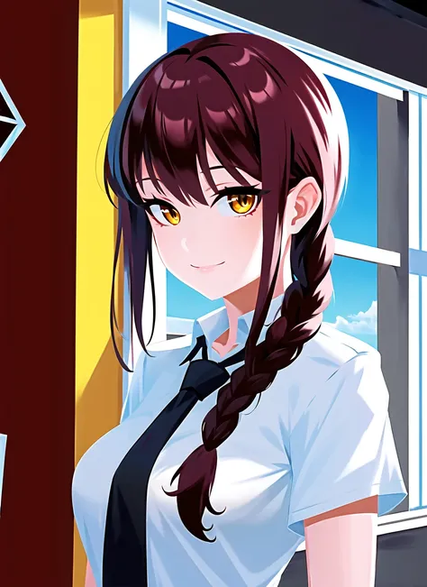 doyora, makima \(chainsaw man\), 1girl, solo, necktie, smile, braid, looking at viewer, shirt, black necktie, ringed eyes, collared shirt, braided ponytail, white shirt, red hair, breasts, upper body, medium breasts, bangs, window, formal, yellow eyes, sidelocks, light smile, office lady, medium hair, business suit, suit, ((masterpiece)) <lora:doyora_offset:1> <lora:makima_offset:0.6>