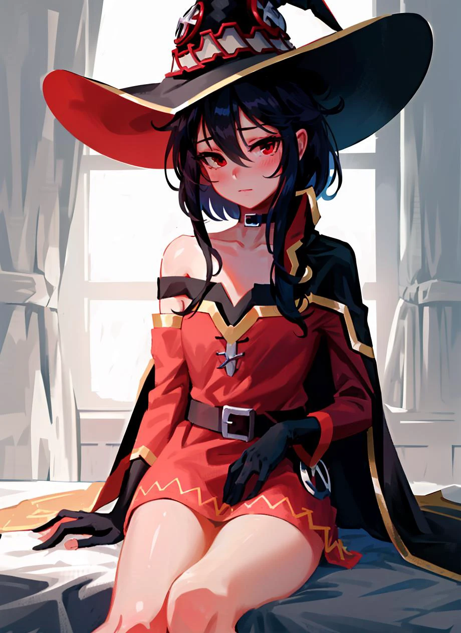 doyora, megumin, 1girl, bare shoulders, black cape, black gloves, black hair, blush, cape, choker, collarbone, dress, hair between eyes, hat, long sleeves, looking at viewer, medium hair, off-shoulder dress, off shoulder, red dress, red eyes, sidelocks, solo, witch hat, ((masterpiece)) <lora:doyora_offset:1>