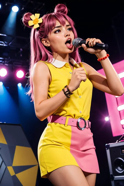 AmiOnuki, long pink hair, hair ornament, hair flower, hair buns, pink eyes, bracelet, yellow dress,collared, belt, sleeveless, serious, mouth open, singing, on stage, holding microphone, neon lighting, dutch angle, high quality, masterpiece, <lora:AmiOnuki:.6>