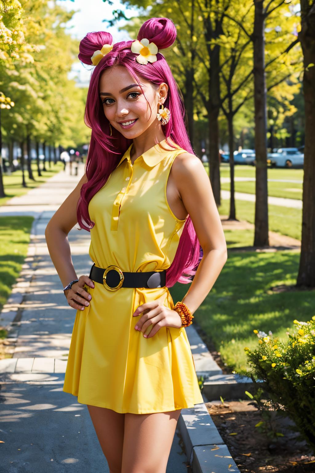 A woman with pink hair and a yellow dress posing for a picture - SeaArt AI