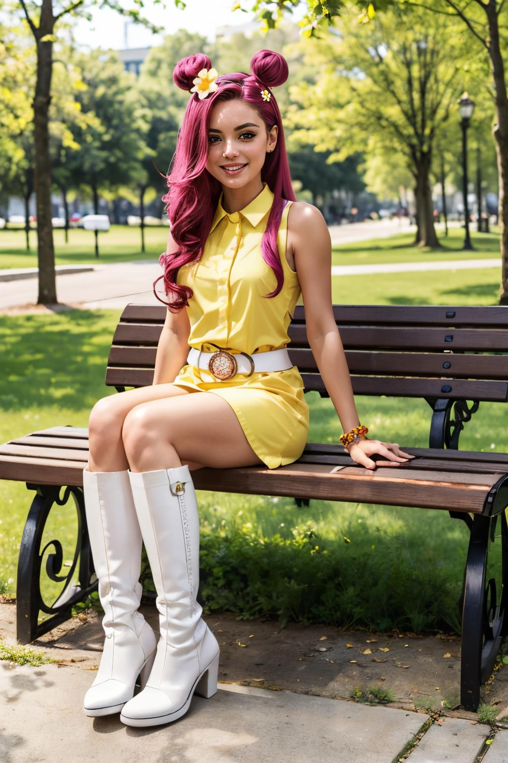 Araffe sitting on a bench in a park with a flower in her hair - SeaArt AI