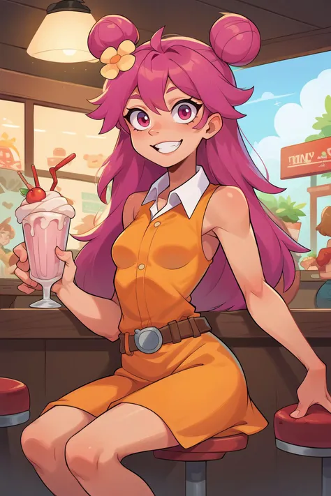 zPDXL2, <lora:OtherStyle_03:.8> <lora:AmiOnukiPXL:.8>
AmiOnukiPXL,pink hair, long hair, hair ornament, hair flower, hair buns, pink eyes, small breasts, yellow dress, sleeveless, collared dress, belt, looking at viewer, smiling, teeth, sitting, on stool, inside diner, counter, holding milkshake,