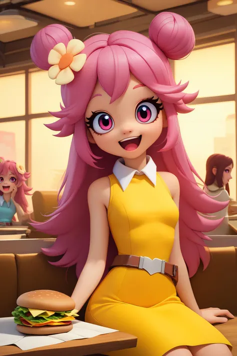 zPDXL2, <lora:AmiOnukiPXL:.8>, <lora:Beautiful_CAT_Pony:1>
AmiOnukiPXL,pink hair, long hair, hair ornament, hair flower, hair buns, pink eyes, small breasts, yellow dress, sleeveless, collared dress, belt, looking at viewer, smiling, blush, dress lift, white panties, from below, outside, cityscape, blue sky,