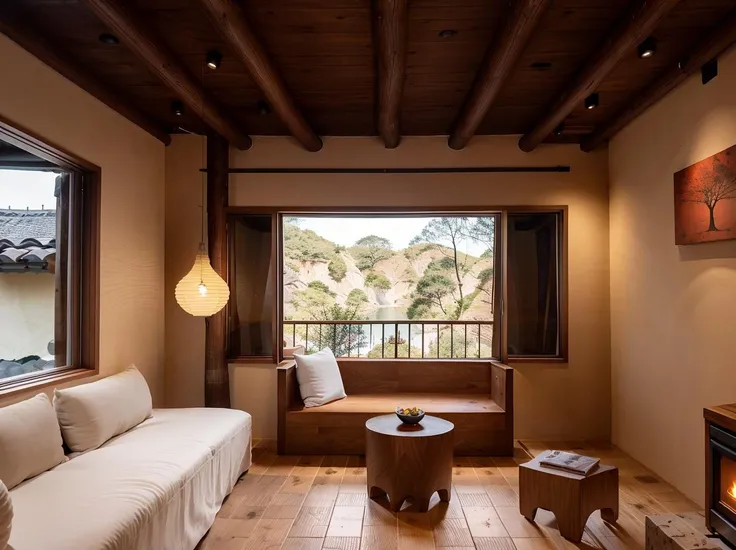 a photo of a villa,indoor,BSindoor,no humans,scenery,chair,table,lamp,indoors,window,pillow,tree,couch,bed,, (masterpiece),( best quality),