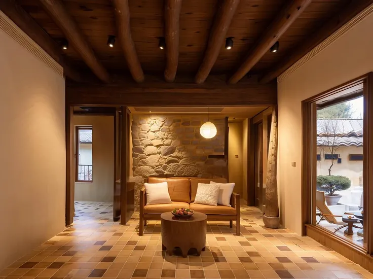 a photo of a villa,indoor,BSindoor,no humans,scenery,chair,table,lamp,indoors,window,pillow,tree,couch,bed,, (masterpiece),( best quality),