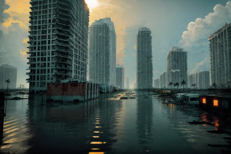 Miami,post apocalypse,nuclear fallout,partial charred remains of buildings,dirty,flooded,submerged underwater,boats driving in flood water