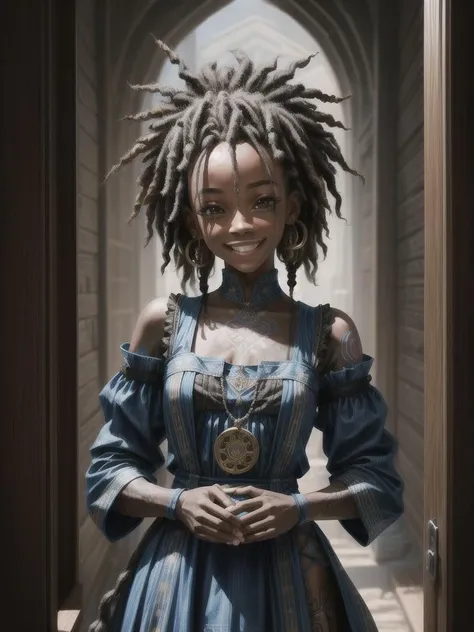 a portrait photo of a black girl, smiling, tattoo, blue dreads, (folk dress:1.3), Ukrainian short dress, pronounced feminine feature, insane details, intricate details, hyperdetailed, complex background, medieval tavern, indoors <lyco:GoodHands-beta2:2>,DreamArtistBADHAND,, 8k, 4k, (highres:1.1), best quality;