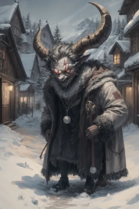 Krampus is a horned, anthropomorphic figure in the Central and Eastern Alpine folklore of Europe who, during the Advent season, scares children who have misbehaved., 8k, 4k, (highres:1.1), best quality;