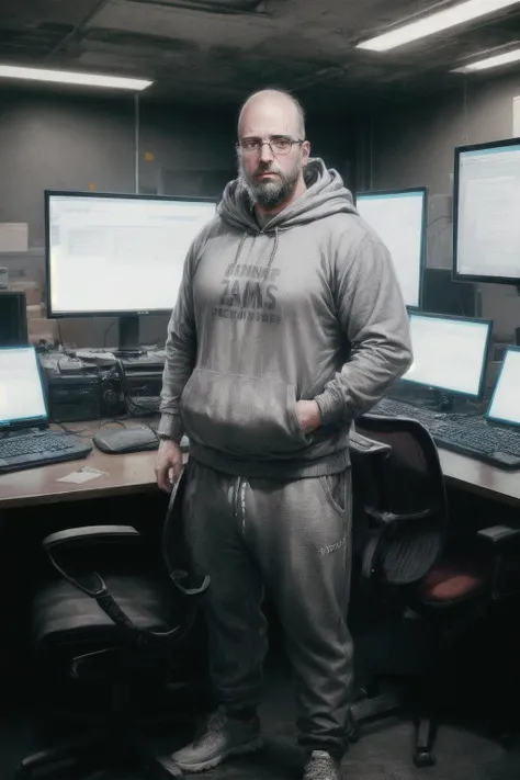 High detail RAW color, (full body Photo) of an unattractive man, wide hips, wearing a ((dirty grey hoodie, sweatpants)), ((scruffy beard, balding, chubby face, wide chin, squinting, glasses)), (standing in front of a wall of monitors and computers in an office), realistic, symmetrical, highly detailed, harsh lighting, cinematic lighting, serious eyes, contrast, textured skin, cold skin pores, hasselblad, 45 degree, hard light, gigapixel, pimples, 85mm, F/4