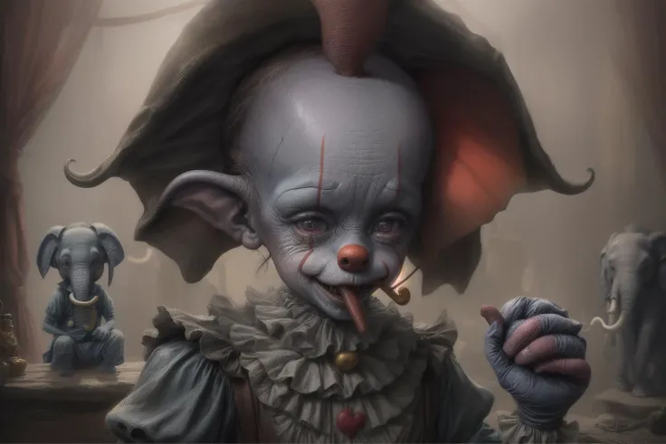 still screen of Dumbo, Pennywise the Clown eating an elephant, in the style of Disney
