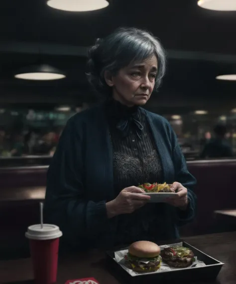 <lora:LowRA:0.7> old woman in cafeteria, crowded burgers MacDonald's, intricate details, hdr, intricate details, hyperdetailed, cinematic, dark shot, muted colors, film grainy, soothing tones, muted colors, technicolor, (muddy:0.6)