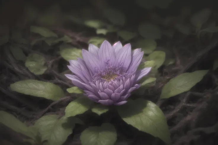 a perfect closeup photo of a tiny purple flower on the overgrown forest floor