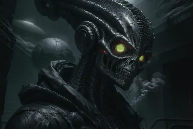 alien character, cinematic lighting, intricate details, octane rendering, dramatic smoke dark background, ring light, alex ross style art, trending on artstation featured on behance, unreal engine,giger, 8k, 4k, (highres:1.1), best quality;