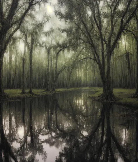 swamp, thick louisiana moss trees, willow, backlight, solarpunk, road, symmetrical