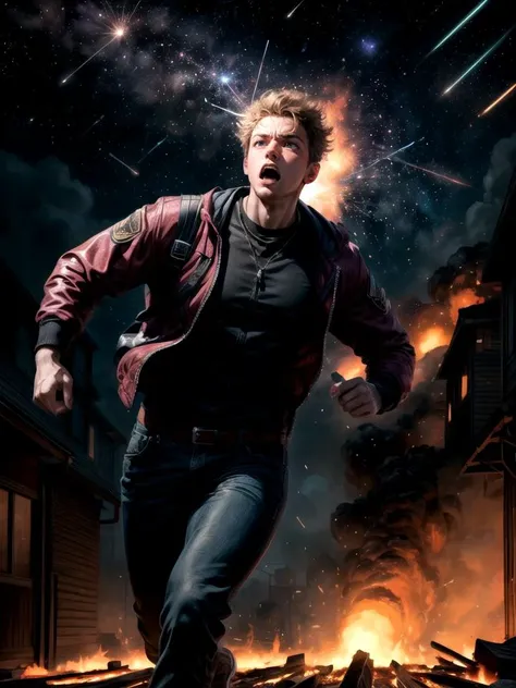 Young Man terrified facial expression, running on away from firey explosion, cataclysmic meteor shower impacts, at night, photorealistic accurate proportionate,