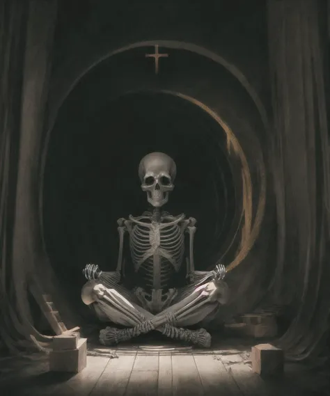 a professional photography of a skeleton meditation, deep meditation, sitting cross-legged, ethereal, hdr, extremely detailed