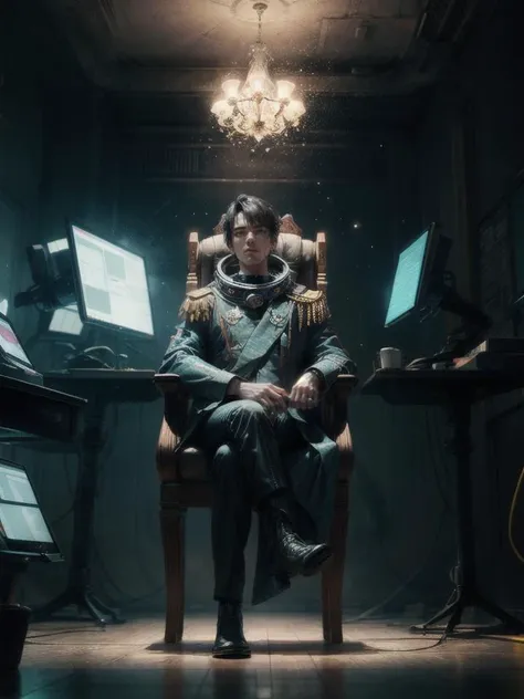 Full body, Arrogant, young man, authoritative futuristic space dictator, hand gripping chin, sitting on steel throne, looking at viewer, powerful space armada control room, (floating hologram screens projection dusty, ray tracing, decor:1.1), sophisticated technology,