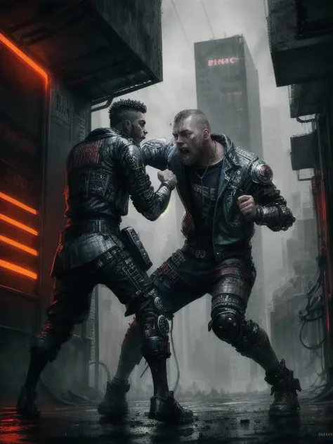 Epic composition, dynamic pose, masterpiece, best quality, 2boy, 30 year old, rough, dirty, mean, bully, druggie, two boys fighting, (futuristic cyberpunk background), rain, realistic, dramatic lighting, atmospheric, intricate detail,