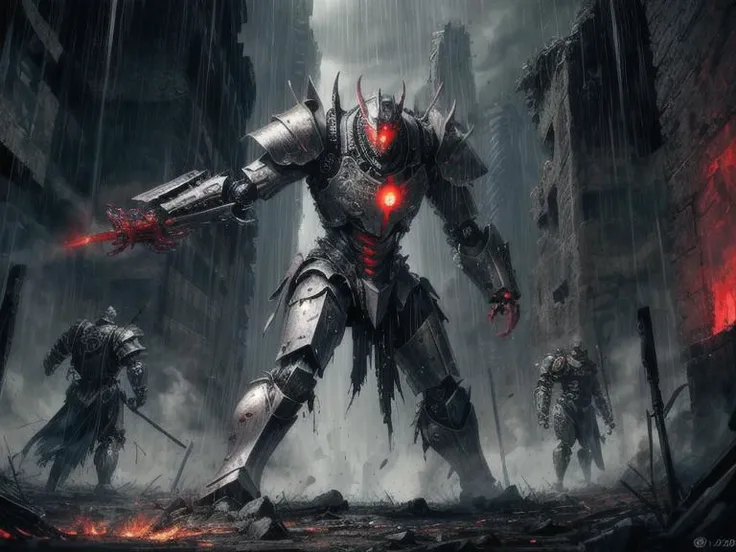 Raining liquid mercury, Epic combat, dynamic pose, Detailed angry face, neolithic stone ruin, Dramatic film still,  Full body, (masterpiece:1.2), (best quality:1.2), (alluring:1.3)  (Thirty-year-old man in scarred scratched ((red futuristic mechanical armor)):1.3), (battle damaged, dented), hyperdetailed photorealistic accurate proportionate, life-like,  neolithic ruins,  dark background, nighttime, meteor shower Ragnarok apocalypse cataclysmic vortex,