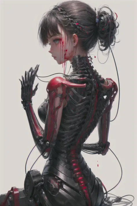 (masterpiece, top quality, best quality, official art, beautiful and aesthetic:1.2), (1girl:1.3), extreme detailed,colorful,highest detailed ((ultra-detailed)), (highly detailed CG illustration), ((an extremely delicate and beautiful)),(from side),cinematic light,((1mechanical girl)),solo,full body,(machine made joints:1.2),((machanical limbs)),(blood vessels connected to tubes),(mechanical vertebra attaching to back),((mechanical cervial attaching to neck)),(sitting),expressionless,(wires and cables attaching to neck:1.2),(wires and cables on head:1.2)(character focus),science fiction,white background,(blood:1.5)