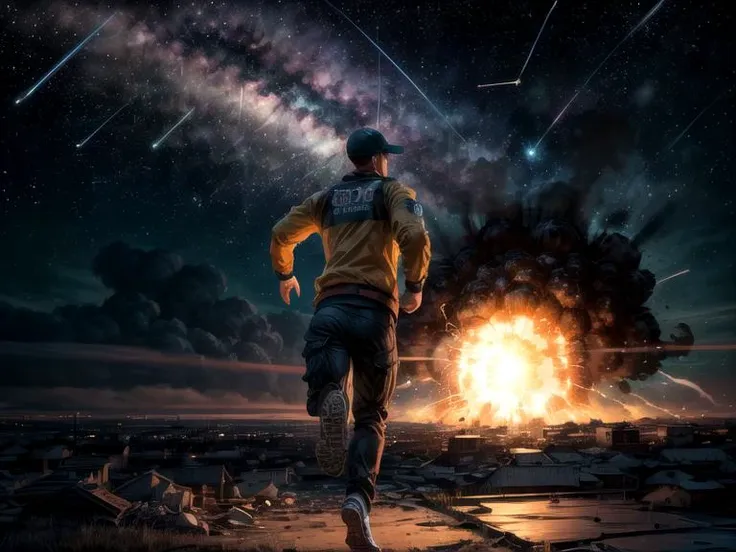 Young Man running on away from explosion, cataclysmic meteor shower impacts, at night, photorealistic accurate proportionate,