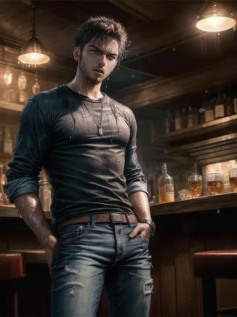 ,
(photorealistic), hyperrealism, (bright cinematic lighting), rim lighting, indirect light, (shot from below:0.7), (global illumination), (front facing:1.3), angry young man, crotch bulge, jeans, stubble, (wet:1.2) (Tavern background), Nsfw,