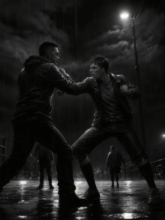 Epic composition, dynamic pose, masterpiece, best quality, 2boy, 30 year old, rough, dirty, mean, bully, druggie, two boys fighting, (park background), rain, realistic, dramatic lighting, atmospheric, intricate detail,