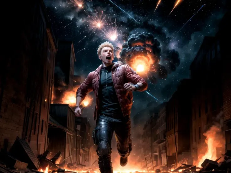 Young Man terrified facial expression, running on away from firey explosion, cataclysmic meteor shower impacts, at night, photorealistic accurate proportionate,