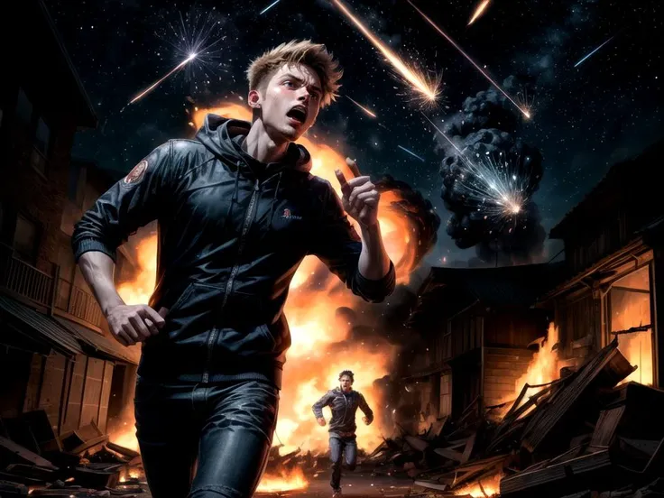 Young Man terrified facial expression, running on away from firey explosion, cataclysmic meteor shower impacts, at night, photorealistic accurate proportionate,