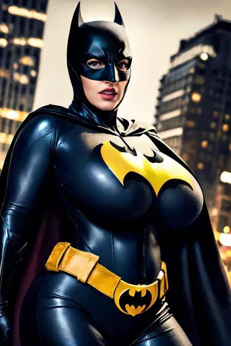 ((masterpiece)), ((best quality)), (ultra-detailed), absurdres, extremely detailed CG unity 8k wallpaper, wide shot, beautiful face, beautiful face, expressive eyes, looking at viewer, solo, gotham city, night, scenery, dramatic lighting, superhero, <lora:Batman 2016 SD1.5:0.8> (1girl, mature female, milf, motherly, huge breasts, older, narrow waist, wide hips, lips:1.4),  (black bodysuit, batman logo, black cape, batman, long sleeves:1.3),  ,  ((masterpiece)),  absurdres,  HDR, <lora:GoodHands-vanilla:1.0>