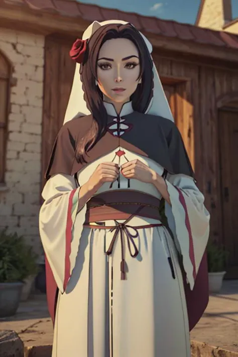 (realistic), lustrous skin, 3d face, highres, masterpiece, perfect ligthing, bloom, cinematic lighting, perfect skin, <lora:theRisingOfTheShieldHero_01:0.6> melty,, female,(, depth of field, pov, from below, wearing  <lora:Nun-08:0.9>  nunomi ((clothes writing))