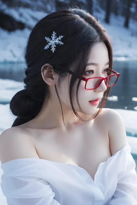 portrait,1girl,glasses,(half tied hair:1.3),long hair,off-shoulder_shirt,outdoors,highres,masterpiece,<lora:face_Yeha:0.7>,fantasy,in winter,snowflakes,beautiful detailed glow, (detailed ice), beautiful detailed water,