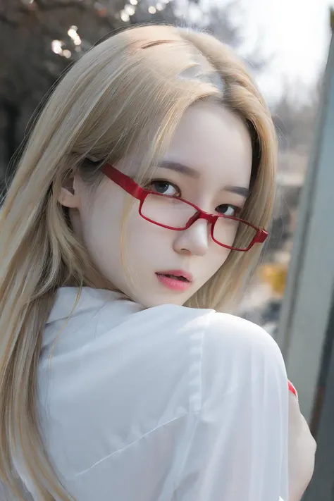 1girl,glasses,(red eyes:1.4),(blonde hair:1.2),long hair,upper_body,looking at the viewer,outdoors,highres,masterpiece,<lora:face_Yeha:0.9>,fantasy,in winter,snowflakes,