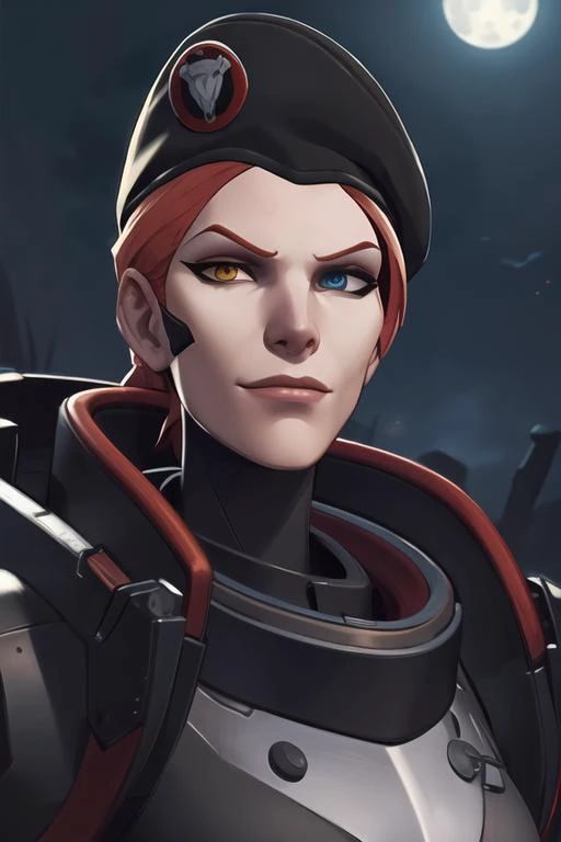 portrait, waist up, moira, blackwatch suit, (heterochromia), red and blue eyes, beret, cruel smirk, arrogant face expression, looking at viewer, moonlight, night sky, <lora:moiraOverwatchLORA_v1:0.7>, best quality